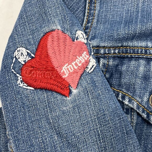 Tommy Hilfiger Womens Embroidered Y2K Jean Denim Jacket Distressed Sz L - Picture 5 of 14